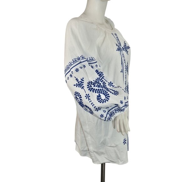 Calessa Women's Top Size XL White Blue Embroidered Crew Neck 3/4 Sleeve Tunic 27 - Picture 3 of 13